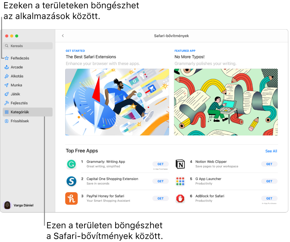 A Safari-bővítmények oldala a Mac App Store-ban. A bal oldali oldalsávon más oldalakra mutató hivatkozások láthatók: Felfedezés, Arcade, Alkotás, Munka, Játék, Fejlesztés, Kategóriák és Frissítések. A jobb oldalon az elérhető Safari-bővítmények láthatók.