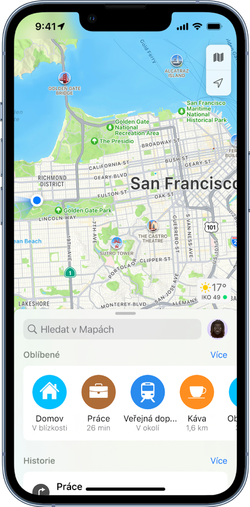 V aplikaci Mapy jsou u dolního okraje obrazovky vidět čtyři oblíbená místa.