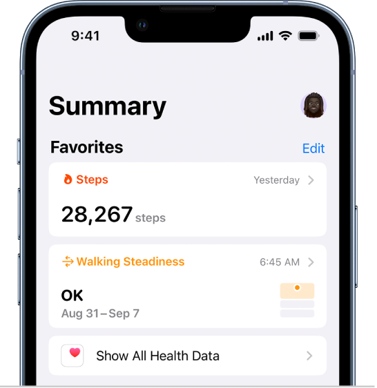 The Summary screen in Health. Information about walking steadiness appears below Favorites.