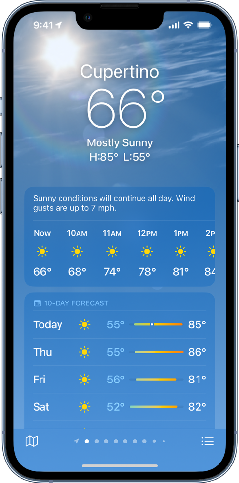 The Weather screen showing from top to bottom: the location, current temperature, the high and low temperatures for the day, hourly forecast, and 10-day forecast. A row of dots at the bottom center shows how many locations are in the location list. At the bottom-right corner is the Location List button and at the bottom-left corner is the Show Map button.