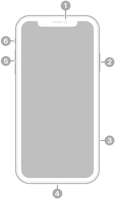 El frente del iPhone XR. La cámara frontal está en la parte superior central. En el lateral derecho, de arriba a abajo, se encuentran el botón lateral y la bandeja de la tarjeta SIM. El conector Lightning está en la parte inferior. En el lateral izquierdo, de abajo a arriba, se encuentran los botones de volumen y el interruptor de tono/silencio.