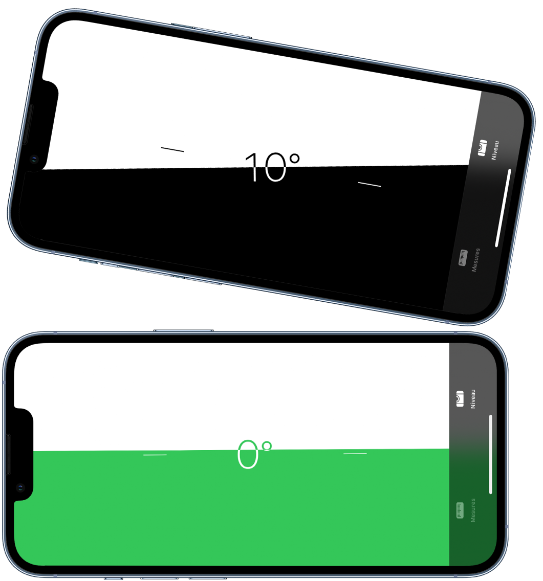 L’écran du niveau à bulle. En haut, l’iPhone est orienté à un angle de dix degrés ; en bas, l’iPhone est à plat.