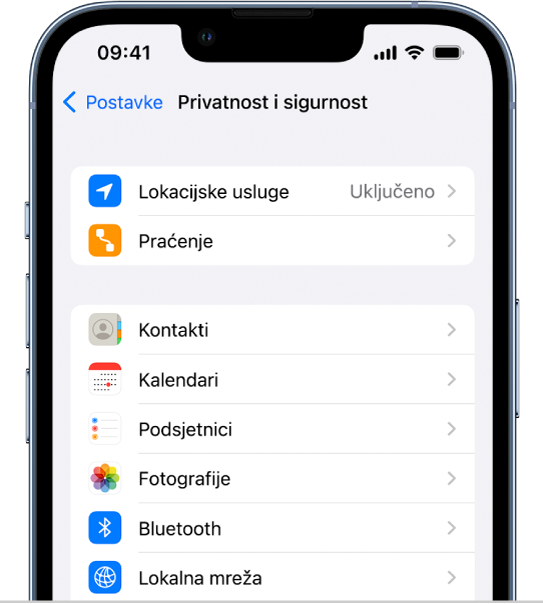 Zaslon Privatnost i sigurnost u Postavkama.