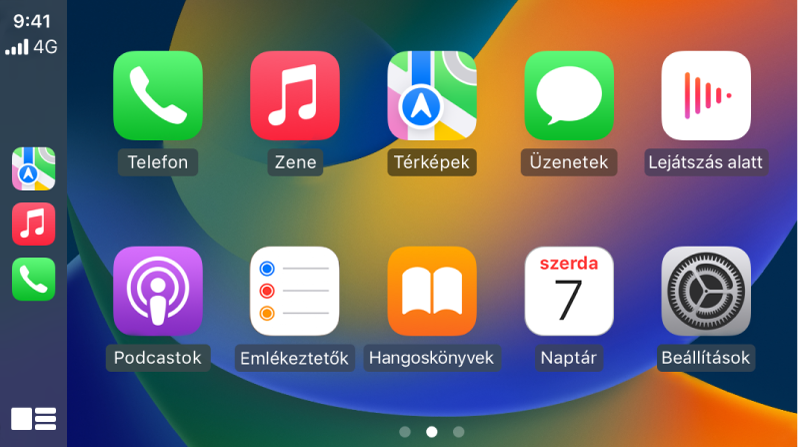 A CarPlay főképernyője a Telefon, a Zene, a Térképek, az Üzenetek, a Lejátszás alatt, a Podcastok, a Hangoskönyvek, a Naptár és a Beállítások ikonjaival.