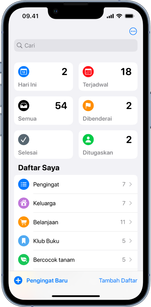 Layar menampilkan beberapa daftar di Pengingat. Bidang pencarian muncul di bagian atas Daftar Cerdas untuk item yang tenggat hari ini, pengingat terjadwal, semua pengingat, dan pengingat yang dibenderai. Tombol Tambah Daftar ada di kanan bawah.