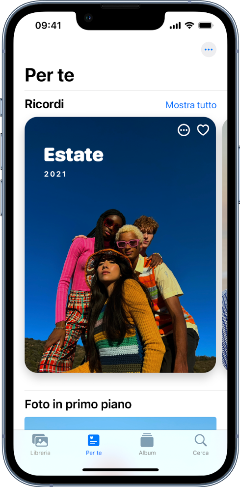 La schermata “Per te” che mostra un ricordo. In alto a destra è presente un pulsante “Vedi tutto”, che mostra tutti i tuoi ricordi.