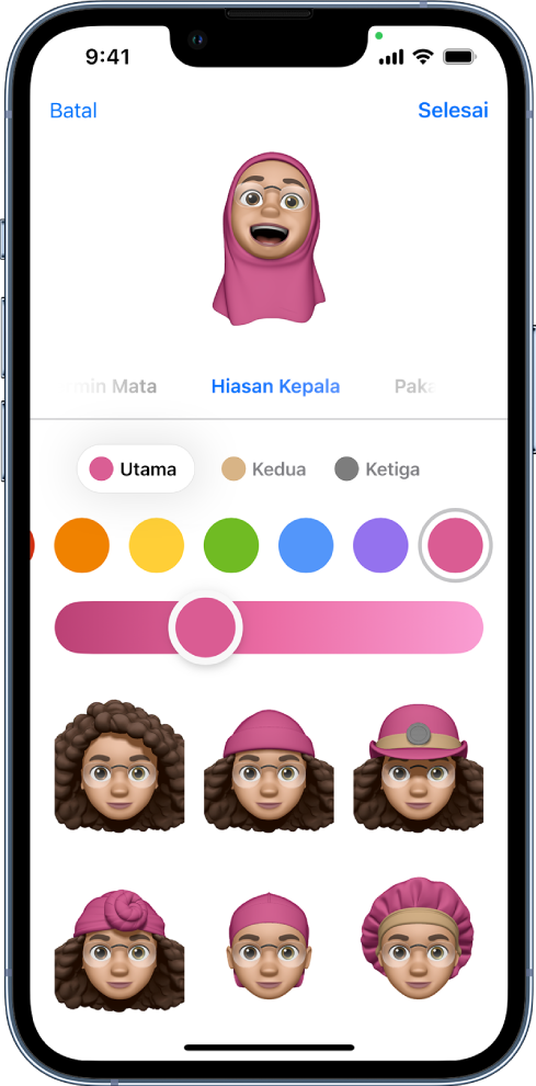 Skrin Memoji menunjukkan watak sedang dicipta di bahagian atas, ciri untuk menyesuaikan di bahagian bawah watak, kemudian di bawahnya, pilihan untuk ciri yang dipilih. Butang Selesai berada di bahagian kanan atas dan butang Batal berada di bahagian kiri atas.