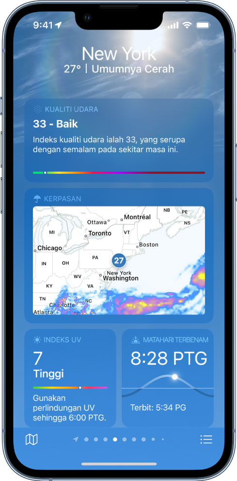 Skrin Cuaca menunjukkan lokasi di bahagian atas, serta suhu dan keadaan cuaca semasa. Di bawah ialah butiran cuaca untuk unsur berikut; kualiti udara, kerpasan, indeks UV dan matahari terbenam.