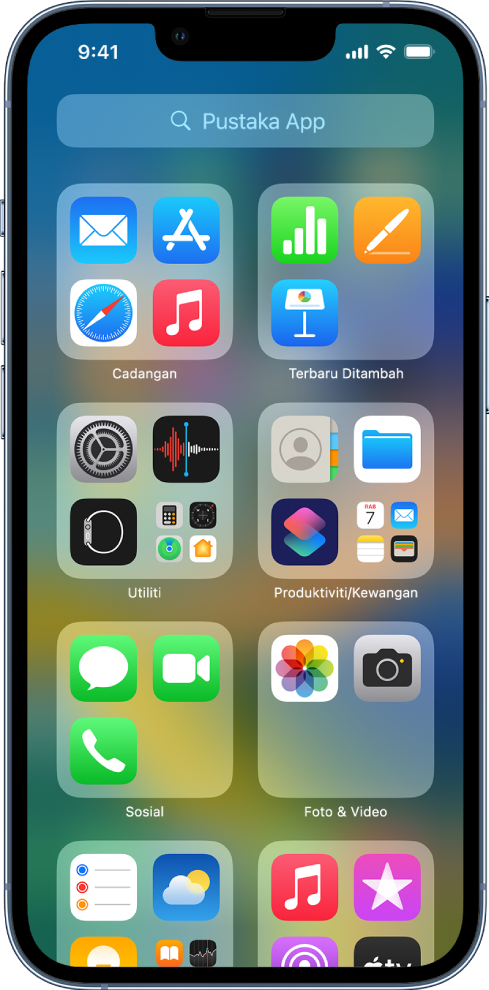 Pustaka App pada iPhone menunjukkan app disusun mengikut kategori (Foto & Video, Sosial dan seterusnya).