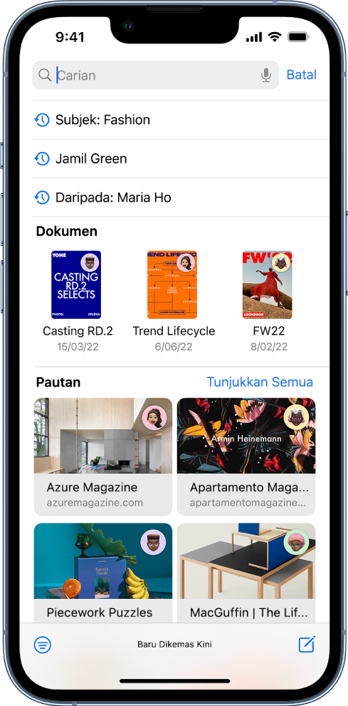 Medan carian dalam app Mail. Medan carian kosong, tetapi hasil carian ramalan yang mengisi skrin dari atas ke bawah ialah subjek e-mel, penerima e-mel, pengirim e-mel, dokumen dan pautan.