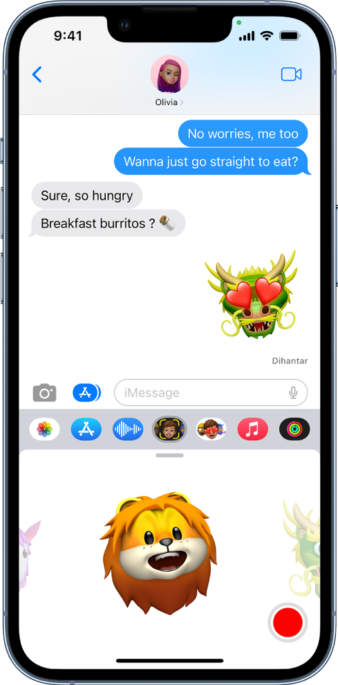 Perbualan Mesej dengan Memoji dipilih dan sedia untuk dirakam sebelum dihantar.