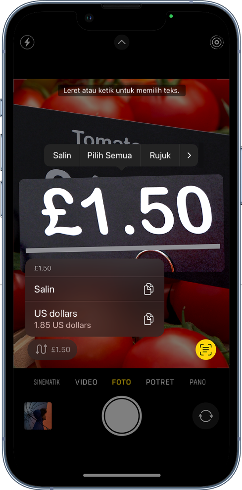 Skrin Kamera menunjukkan butang tindakan cepat untuk menukarkan mata wang yang kelihatan dalam bingkai kamera.
