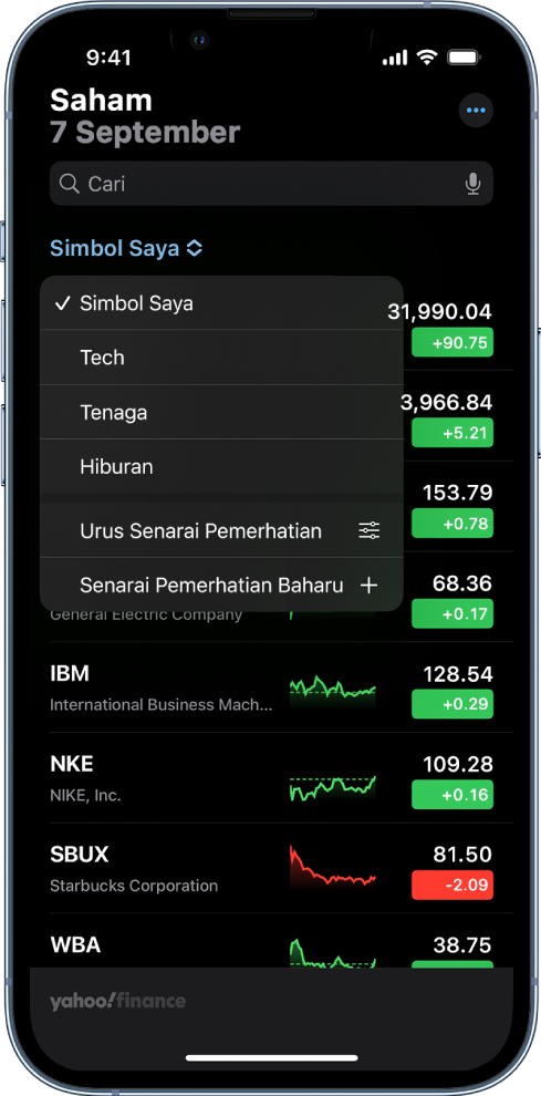 Senarai pemerhatian menunjukkan senarai saham yang berbeza. Setiap saham dalam paparan senarai, dari kiri ke kanan, simbol dan nama saham, carta prestasi, harga saham dan perubahan harga. Di bahagian atas skrin, senarai pemerhatian Simbol Saya dipilih dan senarai pemerhatian serta pilihan berikut tersedia: Teknologi, Tenaga, Hiburan, Urus Senarai Pemerhatian dan Senarai Pemerhatian Baharu.