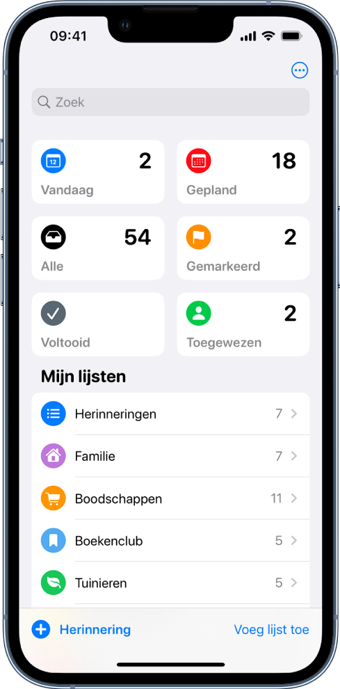 Een scherm met verschillende lijsten in Herinneringen. Het zoekveld wordt bovenaan weergegeven, boven de slimme lijsten voor onderdelen voor vandaag, geplande herinneringen, alle herinneringen en gemarkeerde herinneringen. De knop 'Voeg lijst toe' wordt rechtsonderin weergegeven.