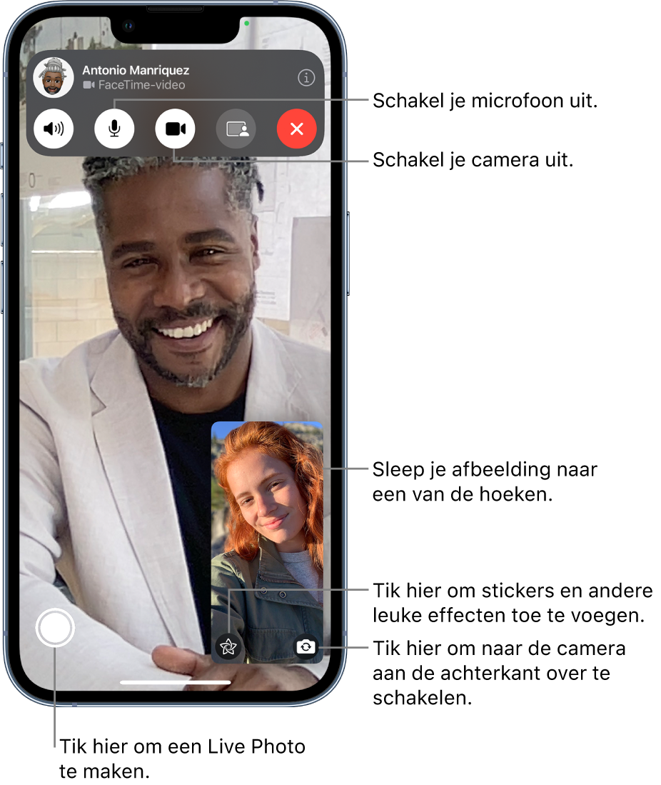 Het FaceTime-scherm met daarin een gesprek dat aan de gang is. Het beeld van jezelf wordt weergegeven in een kleine rechthoek rechtsonderin, terwijl het beeld van je gesprekspartner de rest van het scherm vult. Onder in het scherm zie je de knoppen voor Live Photo, effecten en de camera aan de achterkant. De FaceTime-regelaars staan boven in het scherm, met onder meer de knoppen 'Open Berichten', 'Audio', 'Geluid aan', 'Camera aan' en 'Deel materiaal'. Boven de regelaars staan de naam of Apple ID van degene met wie je spreekt en de knop 'Verlaat gesprek'.