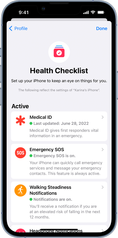 Zaslon Health Checklist s prikazom aktivnih možnosti Medical ID in Walking Steadiness Notifications.