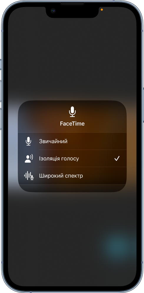 Параметри «Мікрофон» у Центрі керування для викликів FaceTime, зокрема параметри аудіо «Стандартний», «Ізоляція голосу» та «Широкий спектр».