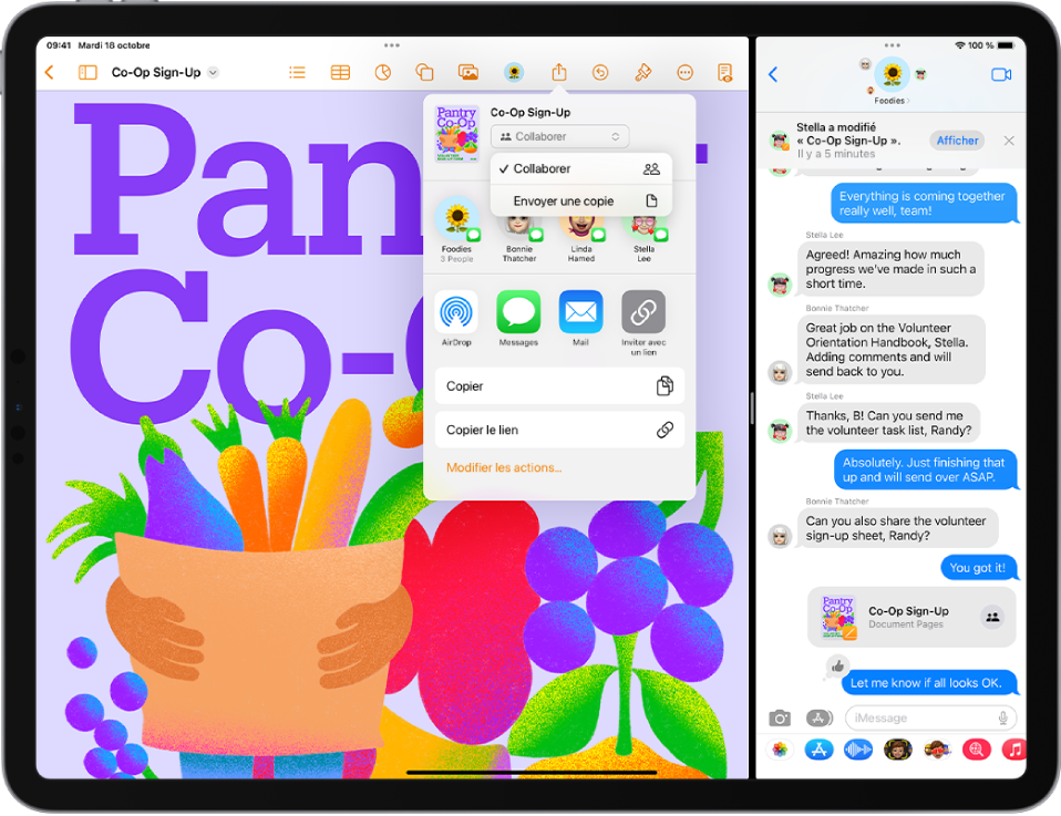 Sur le côté gauche de l’écran se trouve un document Pages qui est partagé avec un groupe et, à droite, une conversation de groupe dans Messages avec des mises à jour en haut à droite de l’écran et une invitation à collaborer dans la conversation.