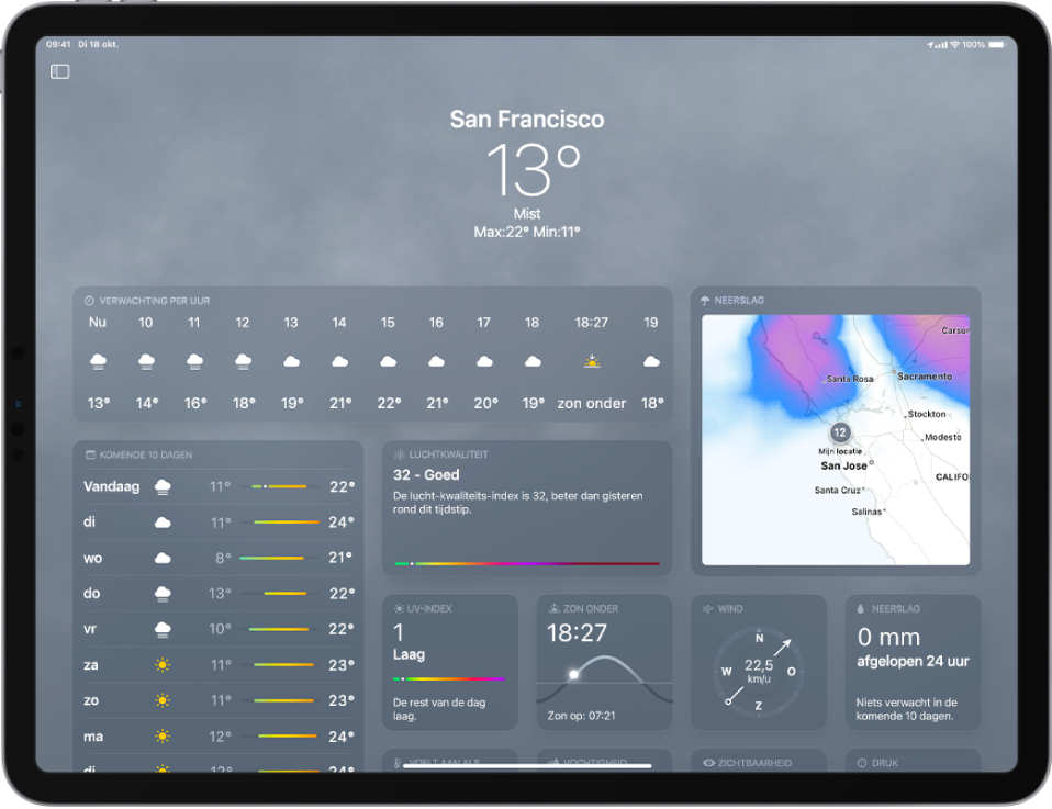 Het Weer-scherm in de liggende weergave. Van boven naar beneden wordt de weersinformatie weergegeven, waaronder de locatie, de huidige temperatuur, mist en de hoogste en laagste temperatuur van die dag. Eronder zie je de weersverwachting per uur, de weersverwachting voor de komende 10 dagen, een schaal met de luchtkwaliteit en een kaart met de neerslag in het gebied. Onder in het scherm staan de uv-index, het tijdstip van zonsondergang, en gegevens over wind en neerslag.