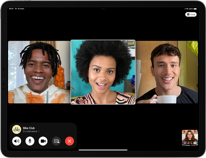 Груповий виклик FaceTime із чотирма учасниками включно з ініціатором. Кожен учасник відображається на окремій кахлі. У нижній частині екрана — елементи керування FaceTime, зокрема кнопки «Аудіо», «Мікрофон», «Камера», «Поширити вміст» і «Кінець». Угорі елементів керування — ім’я або Apple ID групи або особи, з якою ведеться розмова, і кнопка «Інфо».