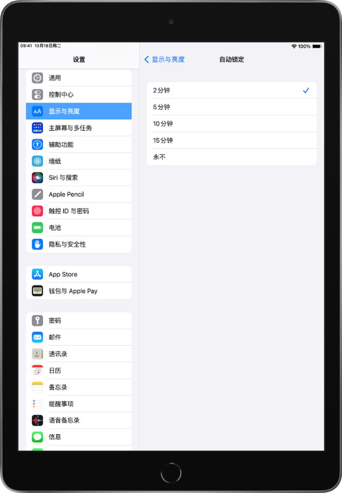 “自动锁定”屏幕，显示 iPad 自动锁定前等待时长的设置。