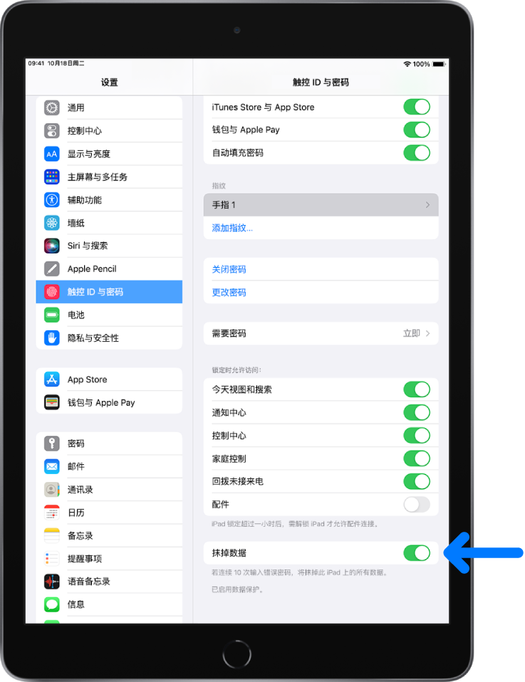 “抹掉数据”控制，位于“设置”中的“触控 ID 与密码”屏幕底部。