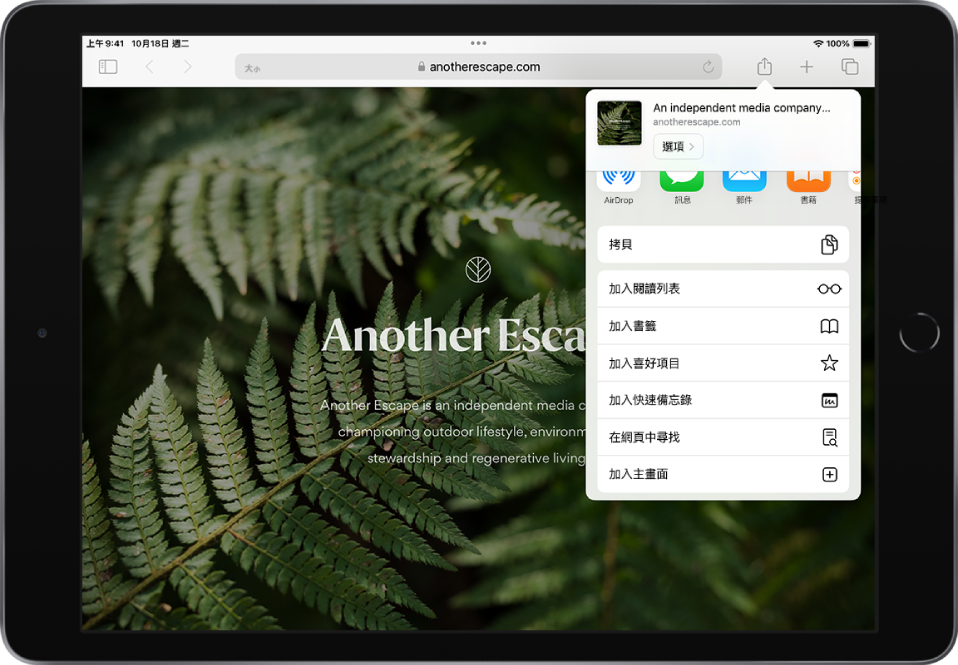 「分享」選單打開的網頁。由上至下，選單包含可用來分享網站的 App 選項，以及下列指令：「拷貝」、「閱讀列表」、「加入書籤」、「加入喜好項目」、「加入快速備忘錄」、「在網頁中尋找」和「加入主畫面」。