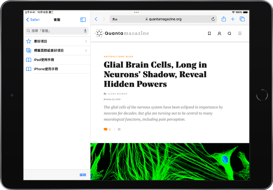 Safari 視窗左側的 Safari 側邊欄打開至「書籤」。最上方是「喜好項目」檔案夾。下方是其他書籤。側邊欄右下角是「編輯」按鈕。