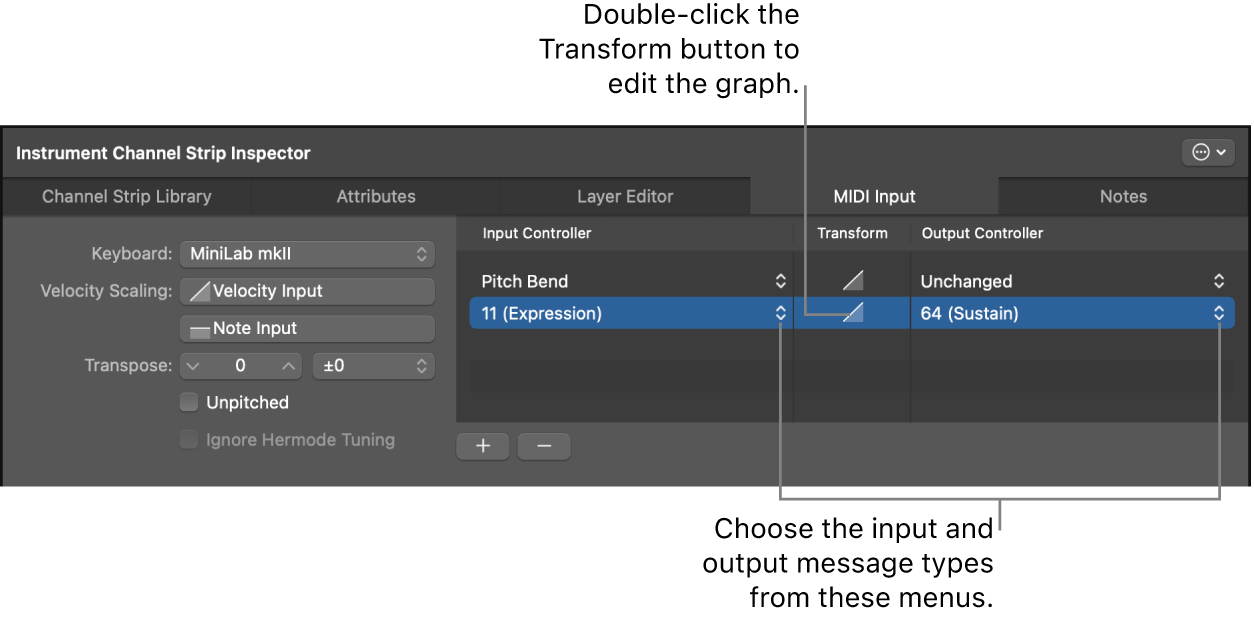 Figure. Choosing input and output message types in the Channel Strip Inspector.