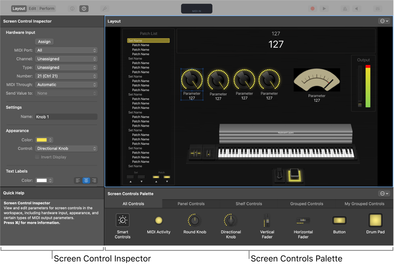 Layout Mode, showing the Screen Control Inspector and Screen Controls palette.