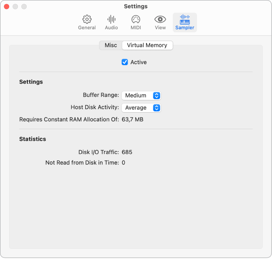 Sampler Virtual Memory settings pane.