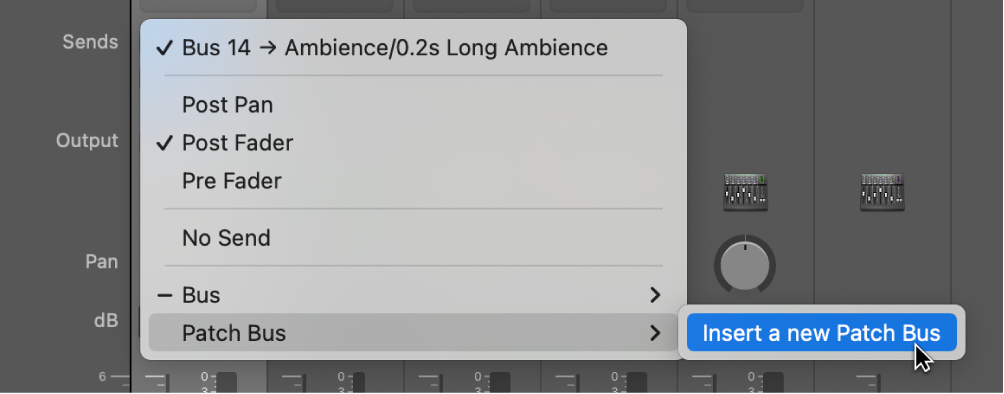 Figure. The Patch Bus submenu of the Send shortcut menu.