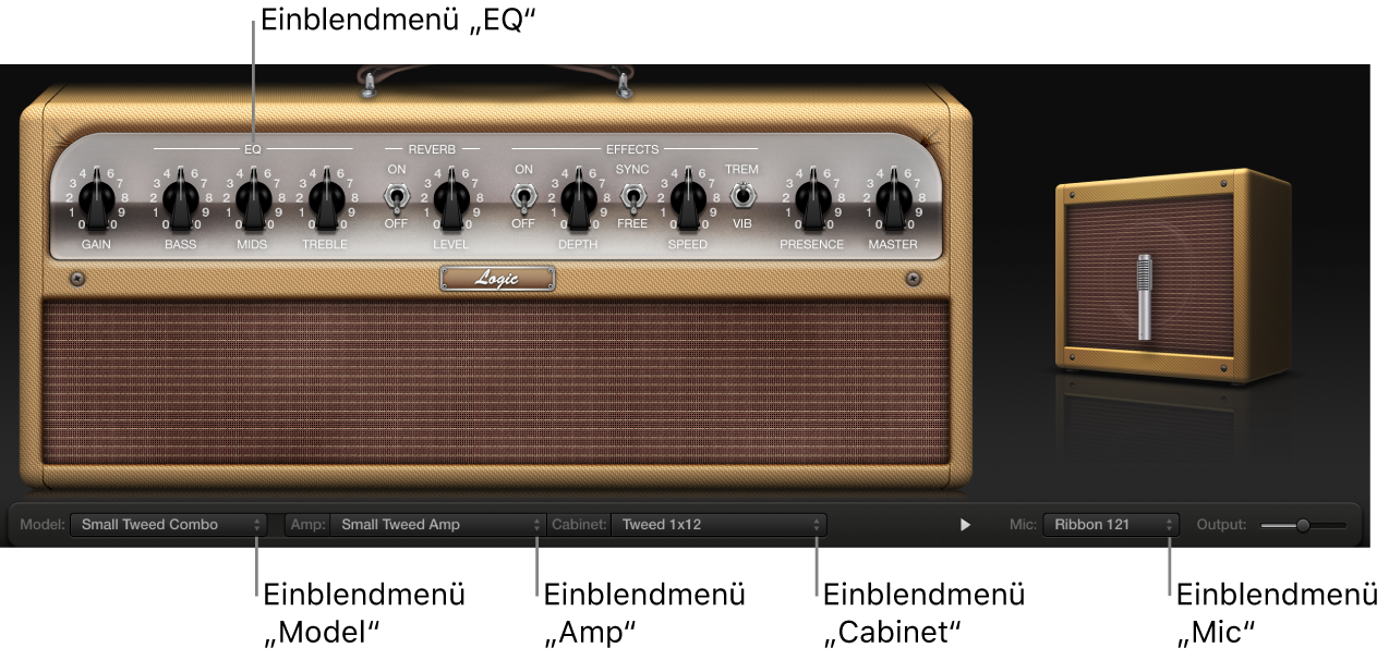 Abbildung. Amp Designer-Fenster mit Beschreibungen der Einblendmenüs