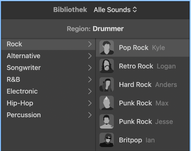 Abbildung. Bibliothek mit Drummer-Genres und verfügbaren Drummern