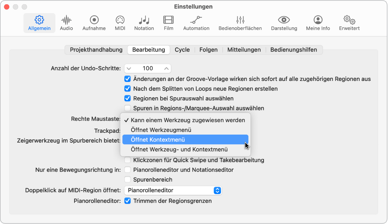 Abbildung. Einblendmenü „Rechte Maustaste“ im Bereich „Bearbeitung“ in den allgemeinen Einstellungen