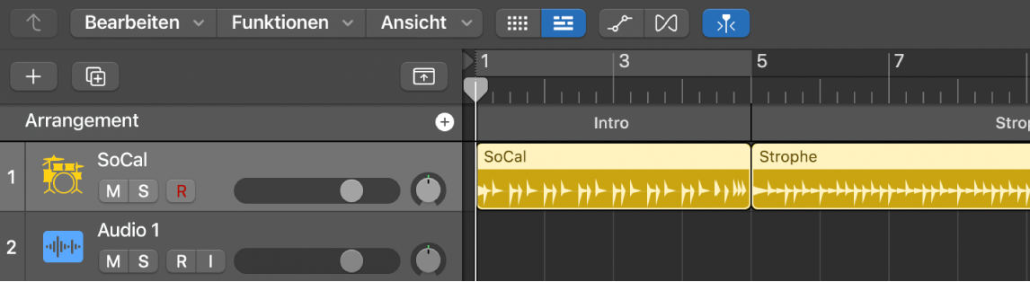 Abbildung. Eine Software-Instrument-Spur mit Drummer-Regionen, die den Arrangement-Markern entsprechen