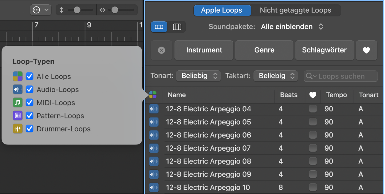 Menü „Loop-Typen“ über der Liste mit den Suchergebnissen