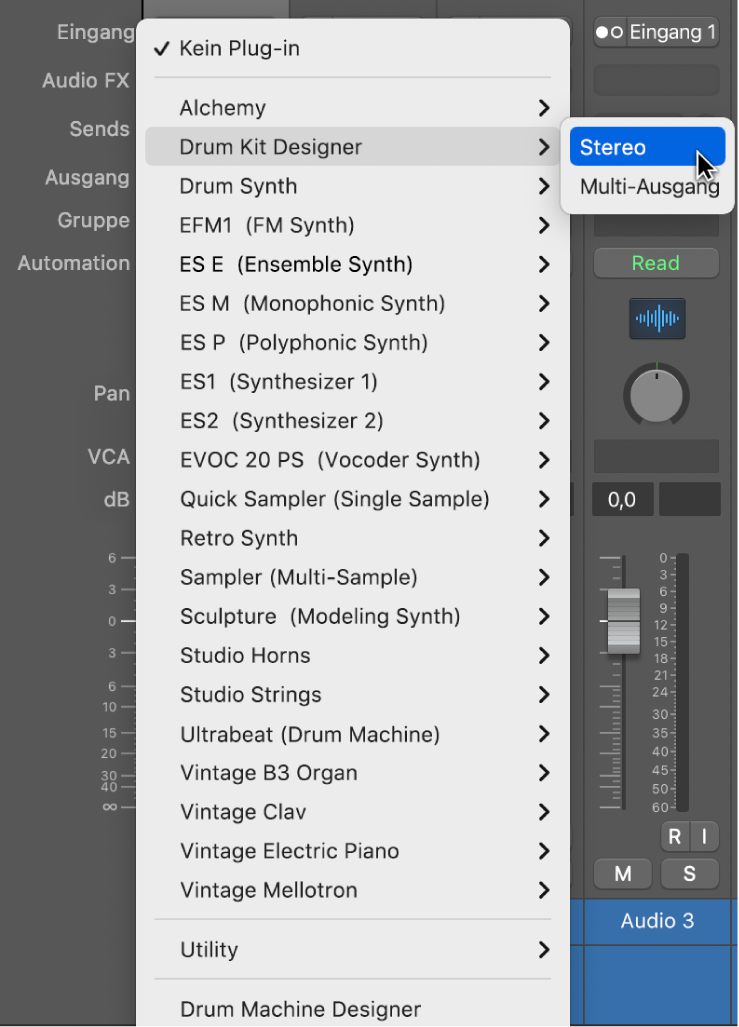 Abbildung. Auswählen eines Instrument-Plug-ins aus dem Einblendmenü