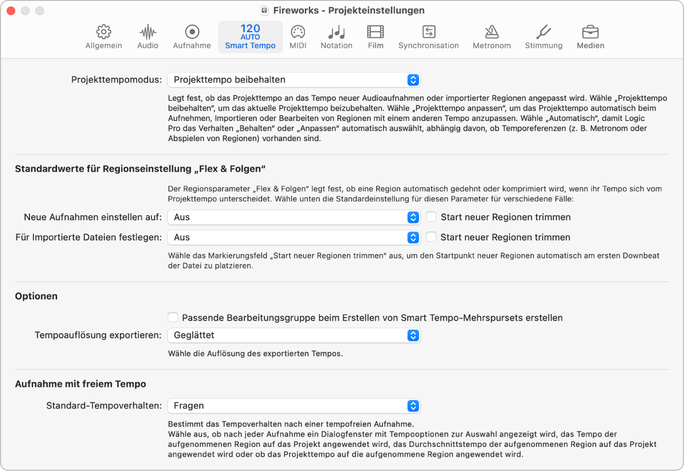 Abbildung. Projekteinstellungsbereich „Smart Tempo“