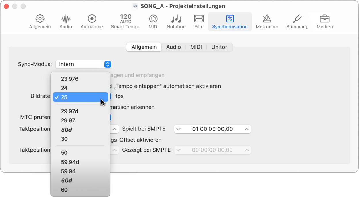 Abbildung. Projekteinstellungen zur Synchronisation mit Einblendmenü „Frame-Rate“