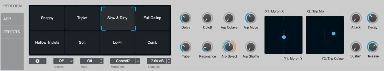 Abbildung. Bereich der Performance-Steuerungen mit „Transform“-Pad, Drehreglern und XY-Pads