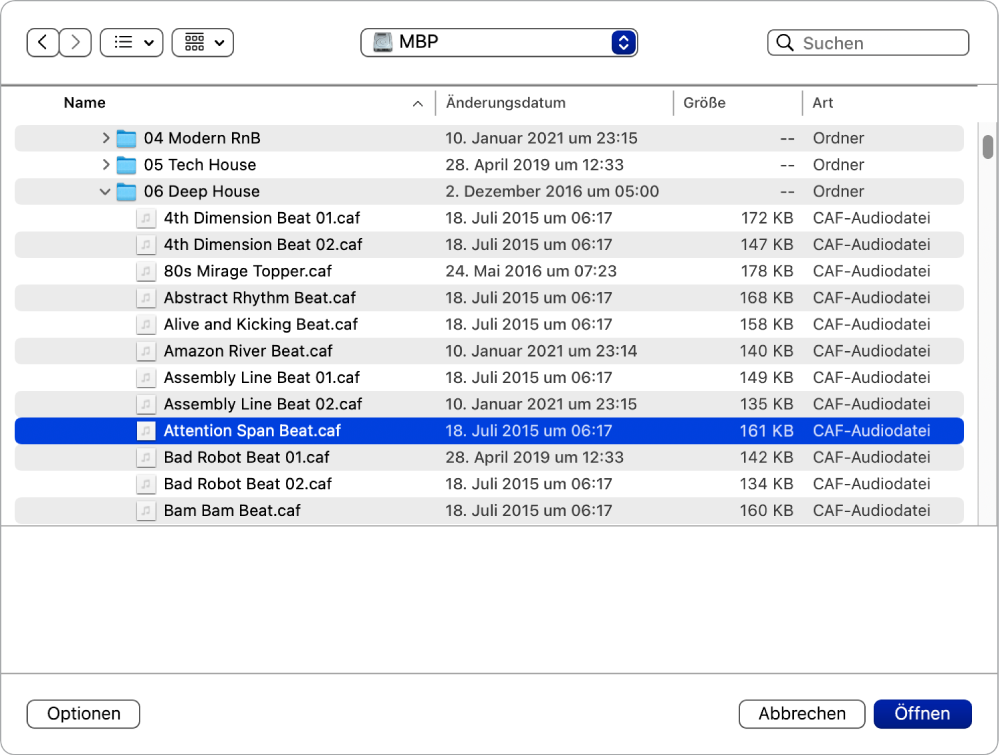 Abbildung. Sampler-Fenster „File Selector“ mit einer ausgewählten Audiodatei, Markierungsfeldern für Optionen und der Taste „Wiedergabe“.