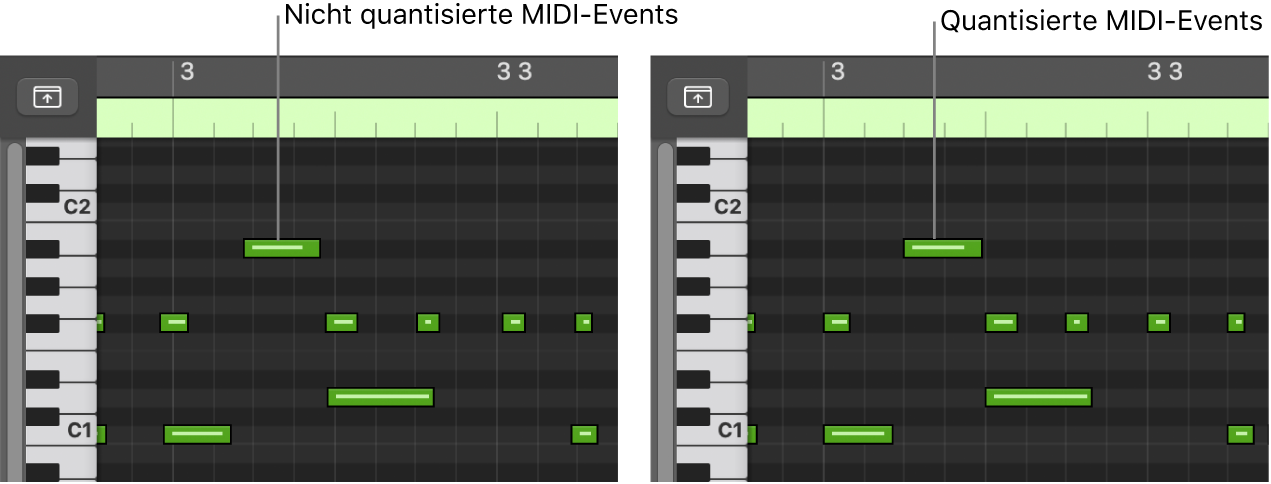 Abbildung. Zwei Bilder, die nicht quantisierte und quantisierte MIDI-Events im Pianorolleneditor zeigen