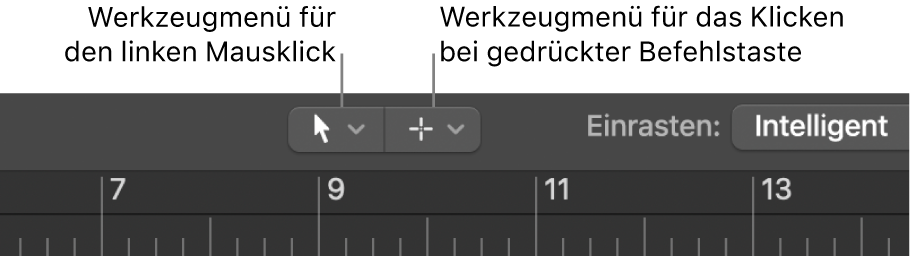 Abbildung. Werkzeugmenüs für linken Mausklick und Befehlstaste-Mausklick im Arrangierbereich