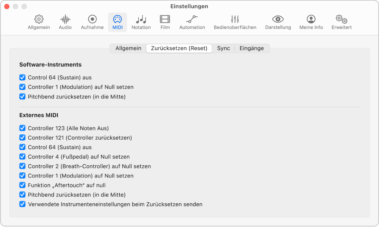 Abbildung. Einstellungsbereich „MIDI“ > „Zurücksetzen (Reset)“