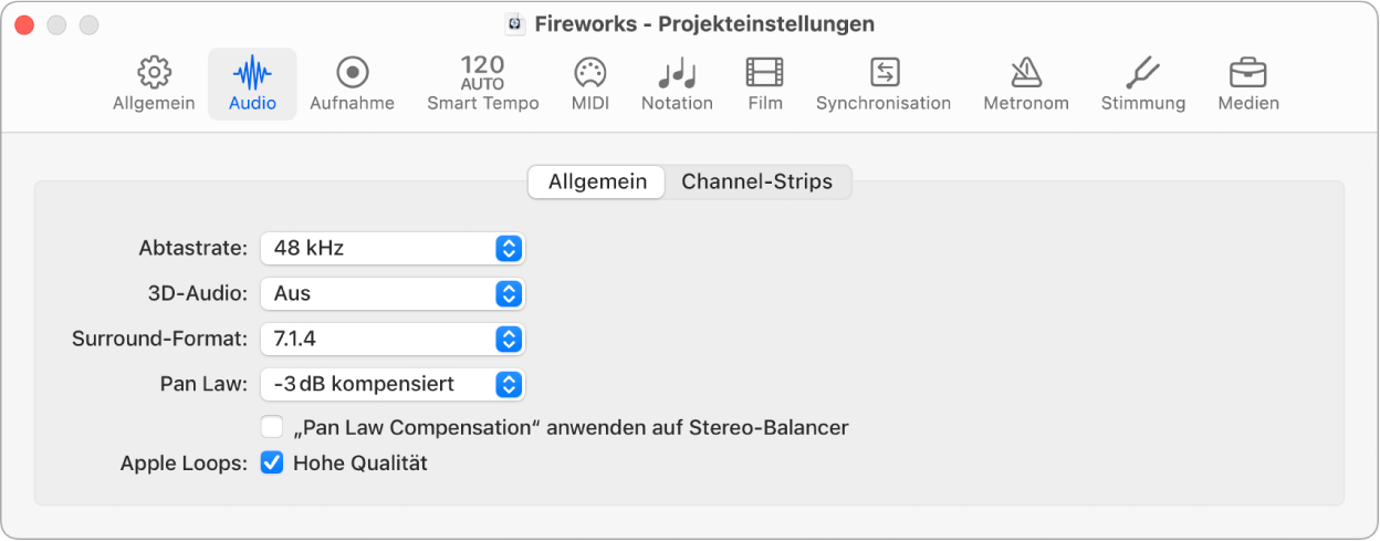 Abbildung. Projekteinstellungsbereich „Audio“ > „Allgemein“.