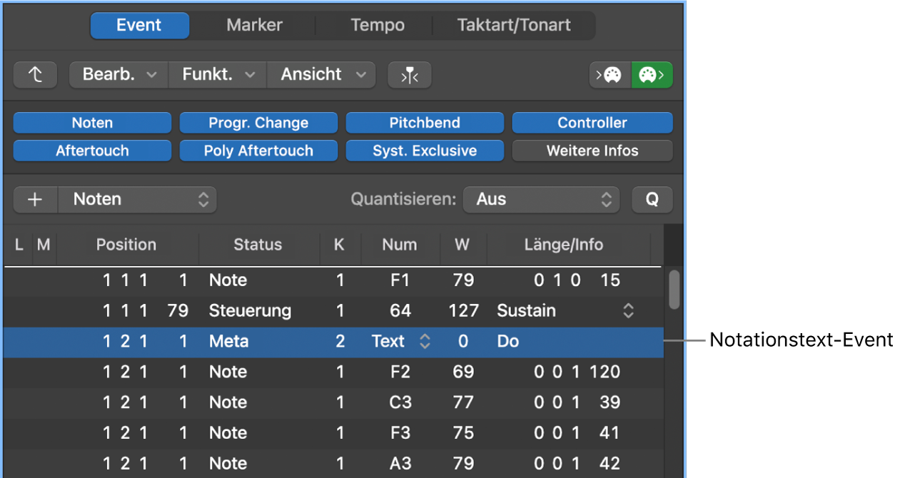 Abbildung. Notentext-Events in der Event-Liste