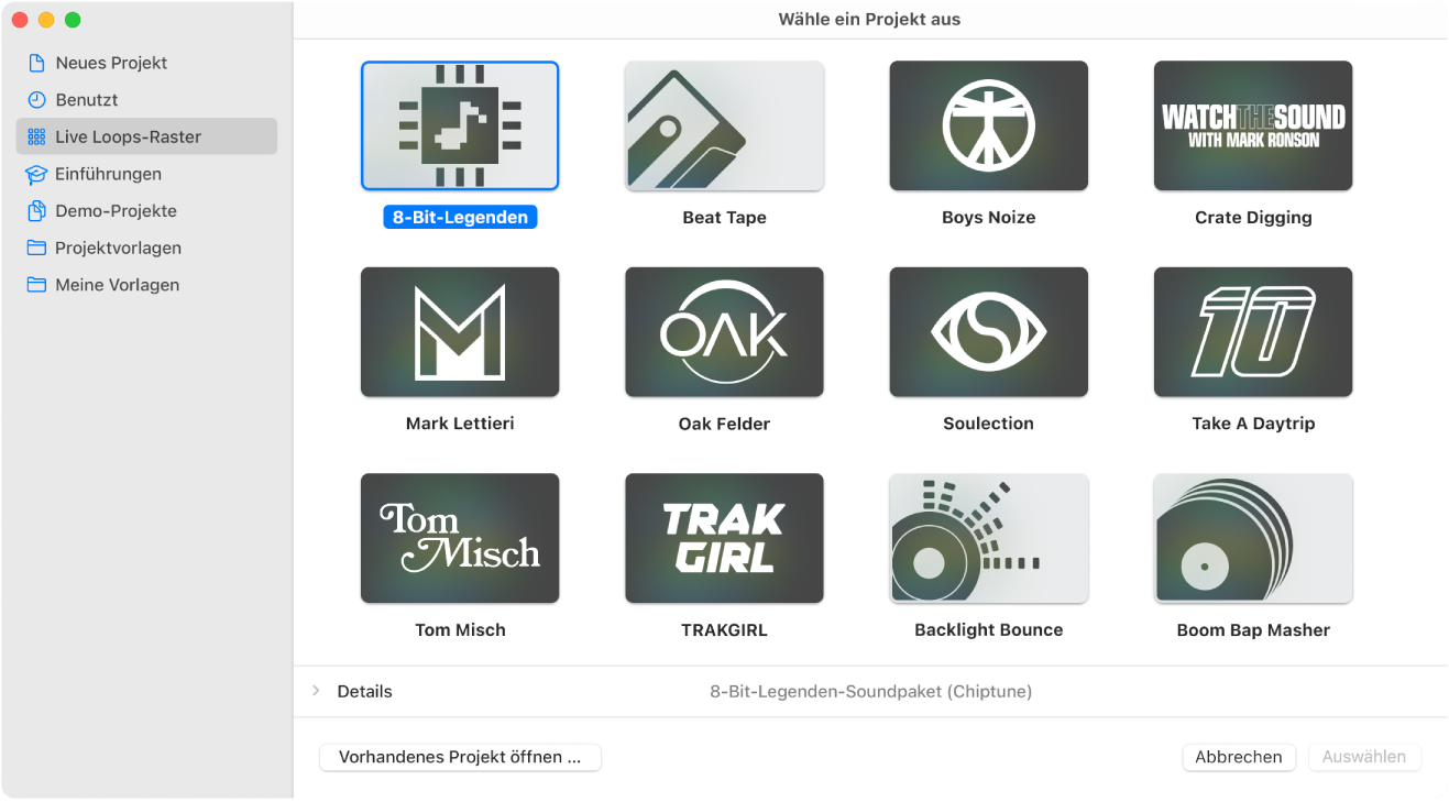 Abbildung. Projektauswahl mit Live Loops-Rastern