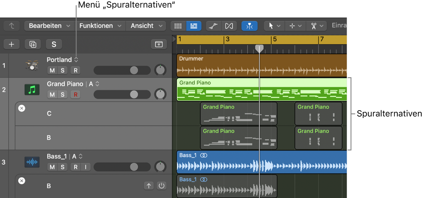 Abbildung. Bereich „Spuren“ mit mehreren Spuralternativen und dem Menü „Spuralternativen“ in den Spur-Headern