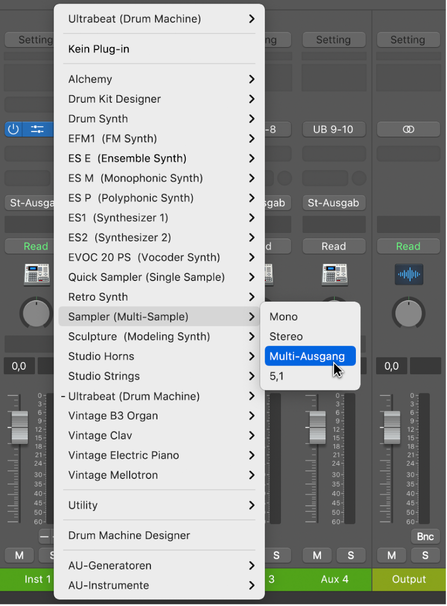 Abbildung. Einblendmenü für den Instrument-Slot mit Option „Sampler Multi-Ausgang“